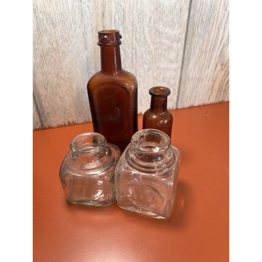 VTG/Antique Uniquely Shaped Medical/Apothecary Inkwell Jars Lot of 4 Bottles